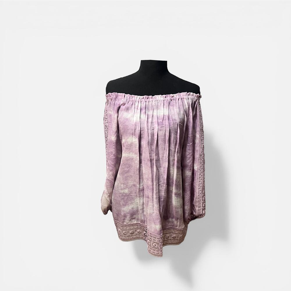 Vintage Style Boho Purple Tie Dye Off Shoulder  Crochet Lace Trim Blouse